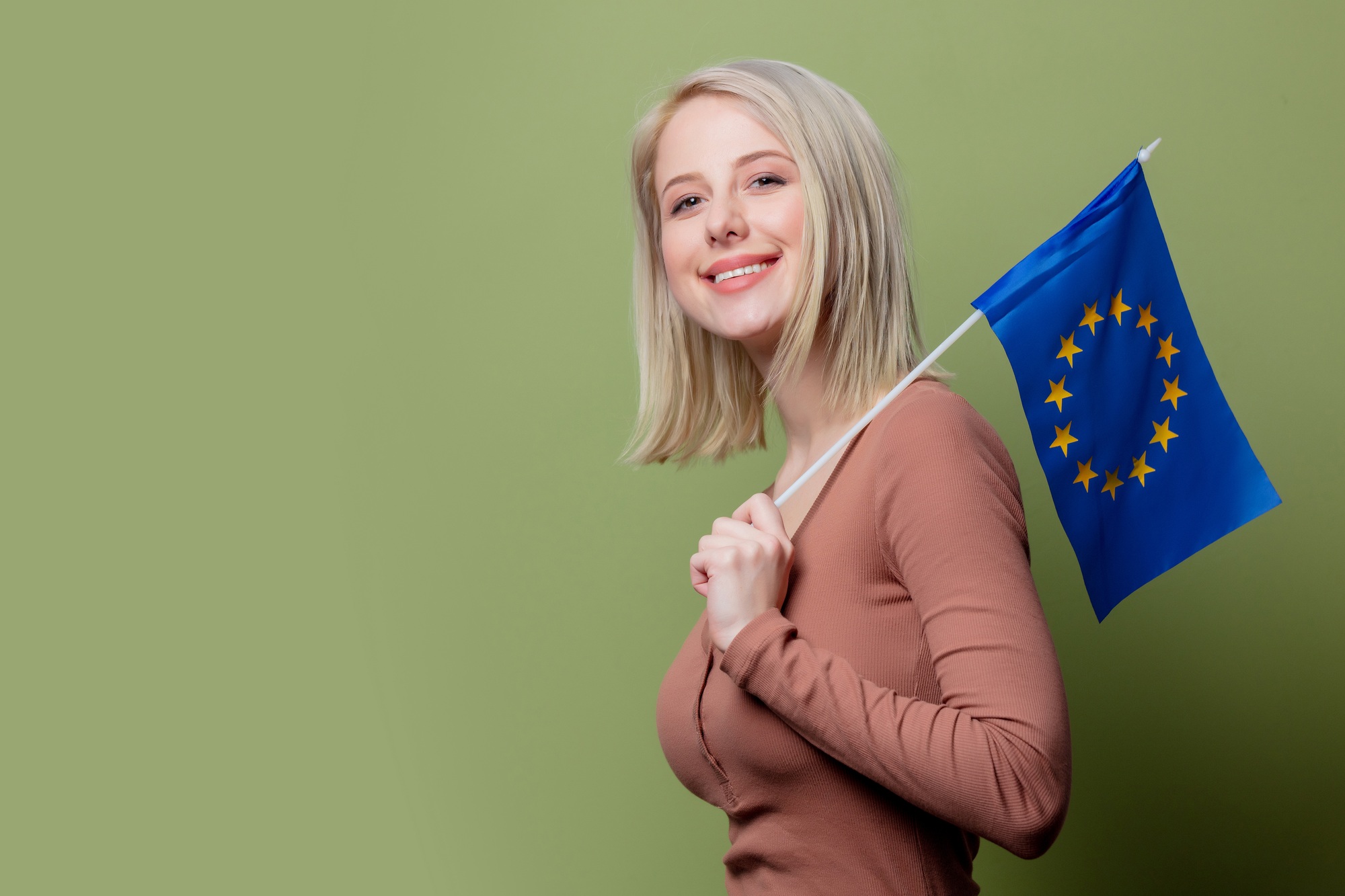 Beautiful woman with flag of Europe Union